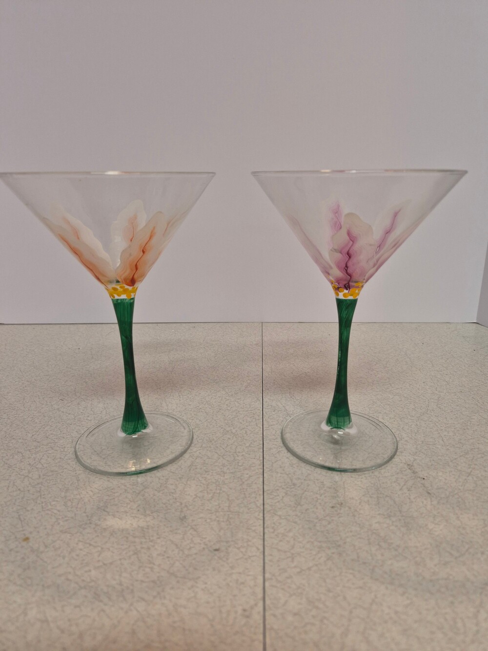 Hand Painted Floral Martini Glass Set of 2 with Green Stems